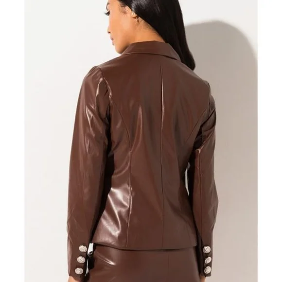 AKIRA SILVER METALLIC BUTTON FAUX LEATHER BROWN BLAZER NWT - Picture 3 of 16